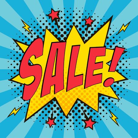 Sale comic speech bubble. Cartoon sketch in pop art style on dots halftone background. Sale banner, advertising poster of price reduction. Vector illustration.のイラスト素材
