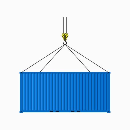 Cargo Container. Crane lifts blue container. Metal shipping cargo box in flat style. Vector illustration.のイラスト素材