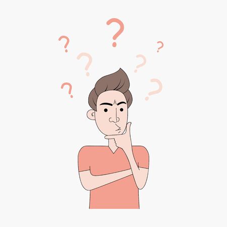 A young man thinks by applying a finger to his chin. Male is thinking with question mark and troubled expression. Vector illustration.のイラスト素材