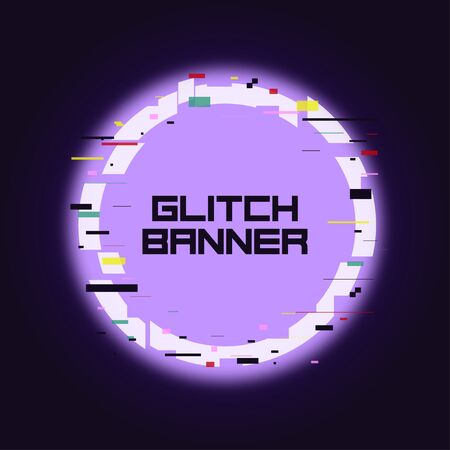 Glitch rounded banner. Glitched neon circle frame with distortion. Trendy design for card, web, poster with broken pixel effect at violet background. Vector illustration.のイラスト素材