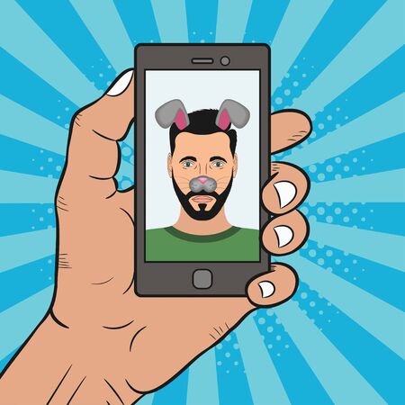 Selfie photo male on smartphone with animal face mask elements - ears and nose. Comics illustration in pop art style. Vector.のイラスト素材