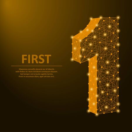 Number one made by points and lines, first sign with golden polygonal wireframe mesh. Vector illustration.のイラスト素材
