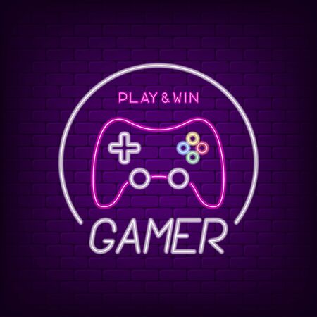Game controller neon sign. Neon light signboard for gamer logo with bright gamepad. Vector illustration.のイラスト素材