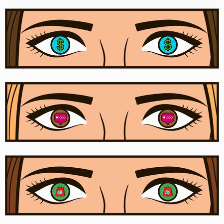 Money, social network icon - follow and sale signs in female eyes. Comic pop-art illustration with girl interests in her eye. Vector.のイラスト素材