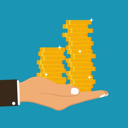 Hand holds gold coins. Pile of coins on palm. Concept of giving or receiving money. Vector illustration.のイラスト素材
