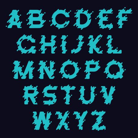 Liquid font design. Stylized alphabet with liquid splash, drops and rounded lines. Typography typeface. Vector illustration.のイラスト素材