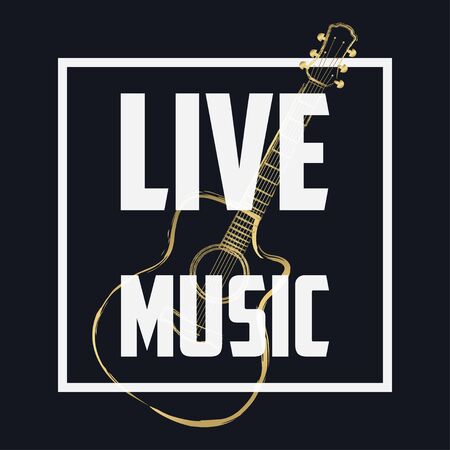 Live music banner, concert poster with frame and guitar. Musical background. Vector illustration.のイラスト素材