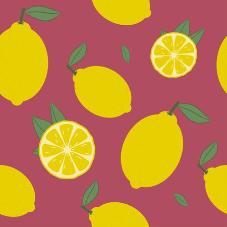 Lemon seamless pattern. Fresh citrus fruit with leaf background. Vector illustration.のイラスト素材