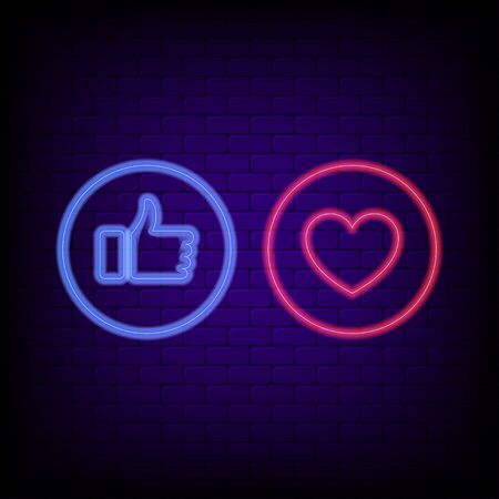 Like and heart neon sign. Bright neon blue thumbs up and red heart, night banner of social network concept. Vector illustration.のイラスト素材
