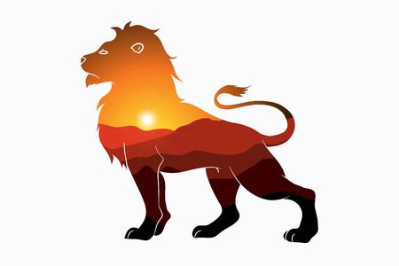 Lion and nature double exposure - animal silhouette with mountain landscape and sun. Modern trendy illustration for logo. Vector.のイラスト素材