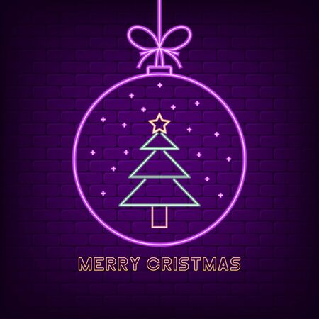 Merry christmas neon sign. New Year holyday bright signboard with Christmas ball and Xmas tree. Vector illustration.のイラスト素材