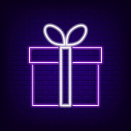 Gift box neon sign. Bright neon night signboard for sale of holiday advertising. Vector illustration.のイラスト素材