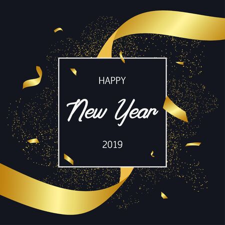2019 Happy New Year holiday card with gold confetti and golden stripe. Celebration banner, poster with frame and decoration. Vector illustration.のイラスト素材