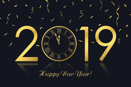 Happy New Year 2019 greeting card with gold clock and golden confetti. Vector illustration.のイラスト素材
