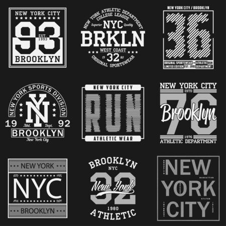 New York, Brooklyn typography. Set of athletic print for t-shirt design. Graphics for sport apparel. Collection of tee shirt badge. Vector.のイラスト素材