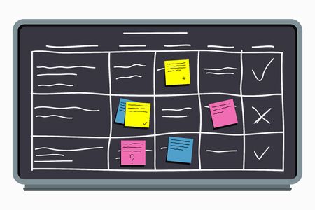Planning board with sticky notes. Task board with table scheme and office schedule. Vector.のイラスト素材