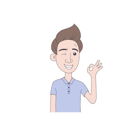 Man showing OK gesture. A young man smiles with giving Okay sign. Hand drawn illustration in cartoon style. Vector.のイラスト素材
