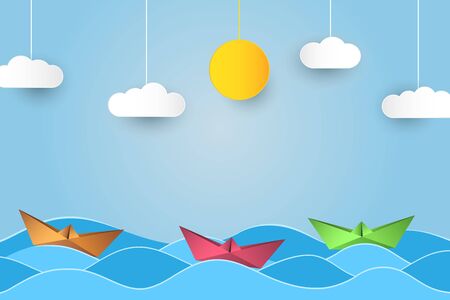 Origami sailing boat in waves. Paper art style background with ship, ocean, sun and clouds. Vector illustration.のイラスト素材