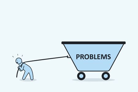 Man pulls a problems on the rope. Unresolved problem concept. Vector illustration.