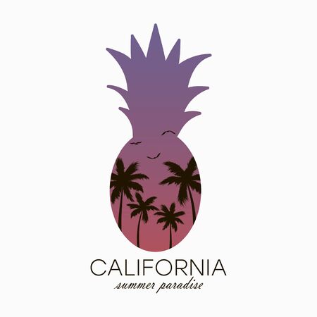 California pineapple typography for t-shirt with palm trees and gradient. Graphic design for summer apparel, clothes. Vector illustration.のイラスト素材