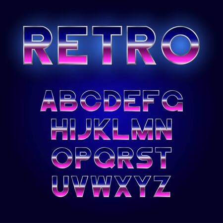 80's Retro font design. Shiny futurism alphabet with metallic effect. Sci-Fi typeface. Vector.のイラスト素材