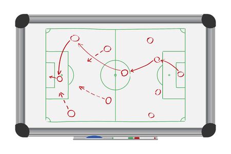 Soccer game strategy on whiteboard. Drawing with football tactical plan on marker board. Vector illustration.のイラスト素材