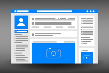 Web page user interface template. Social network website browser window. UI design in flat style. Vector illustration.のイラスト素材
