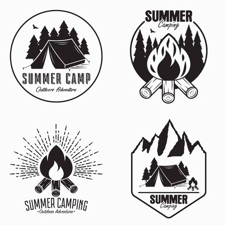 Vintage summer camp set. Camping badges and outdoor adventure emblems. Original typography with camping tent, bonfire and forest silhouette. Vector illustration.のイラスト素材