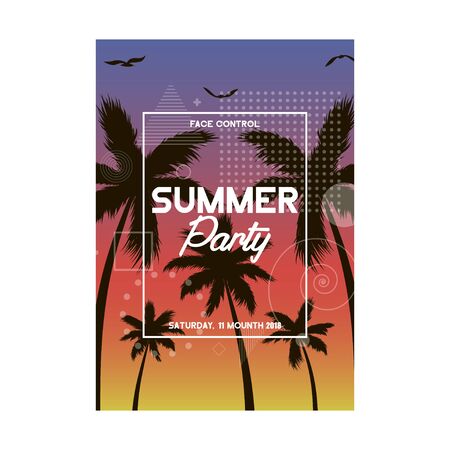 Summer and beach party poster design. Invitation flyer template with tropical palm tree. Modern banner. Vector illustration.のイラスト素材