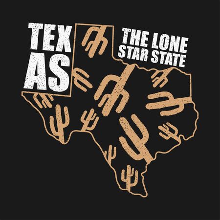 Texas typography graphics for t-shirt with map of state and cactus. Grunge print for apparel, clothes. Vector illustration.のイラスト素材