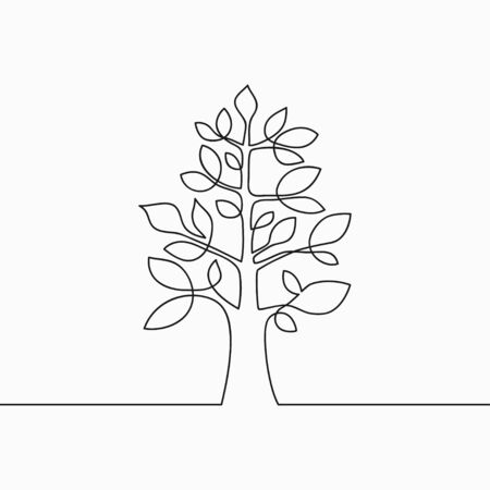 Continuous line drawing of tree with leaf. One line wood, plant and leaves.のイラスト素材