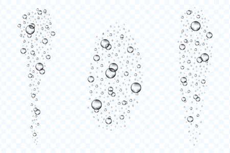 Underwater air bubbles flow set isolated on transparent background. Realistic fizzing oxygen bubbles under water. Fizzy drink or champagne gas. Vector.のイラスト素材