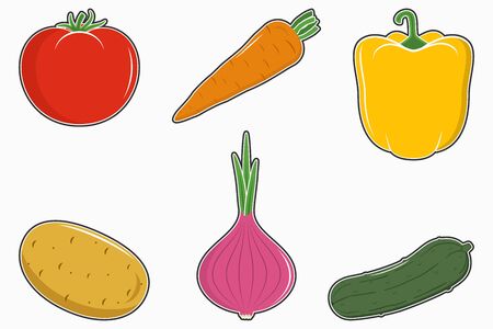 Vegetables set. Tomato, carrot, pepper or paprika, potato, onion and cucumber icons collection. Vector illustration.のイラスト素材