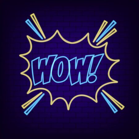 WOW neon sign. Bright neon speech bubble, night banner of surprise concept. Vector illustration.のイラスト素材