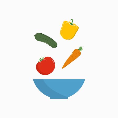 Vegetable salad with falling fresh ingredients in bowl. Recipe of salad. Vector illustration.のイラスト素材