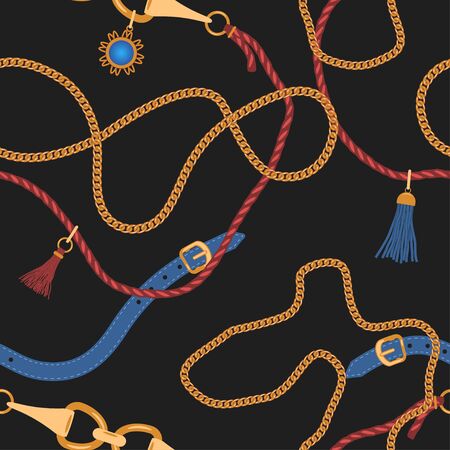 Seamless pattern with chains straps and belts. Pendants background for for fabric design. Vector illustration. のイラスト素材