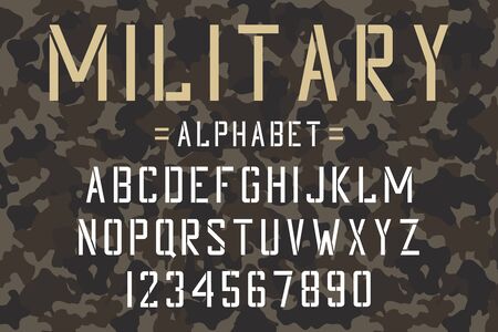 Military stencil font. Army stencil alphabet and numbers on camouflage background. Vintage typeface. Vector.のイラスト素材