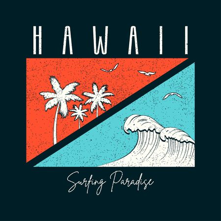 Hawaii surf typography for t-shirt with palm trees and wave. Hawaiian slogan for tee shirt print with grunge. Vector illustration.のイラスト素材