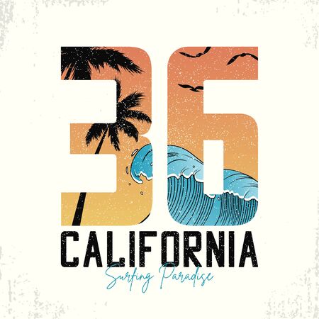 California slogan for surfing t-shirt typography with waves and palm trees. Surf number tee shirt with grunge. Vector illustration.のイラスト素材