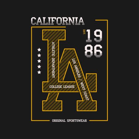 California, LA slogan typography graphics for t-shirt. Los Angeles college print for apparel. Athletic t shirt design, sportswear. Vector illustration.のイラスト素材