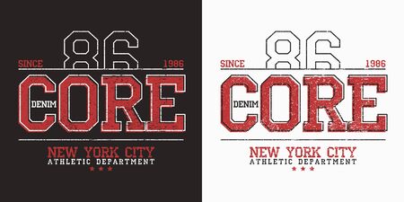 Core denim graphics for slogan t shirt. New York city typography print for athletic tee shirt design with grunge. Vector illustration.のイラスト素材