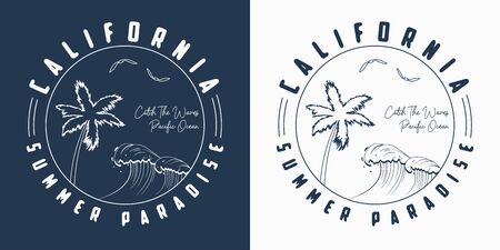 California t shirt design with hand drawn palm trees and waves. Slogan tee shirt typography. Vector illustration.のイラスト素材