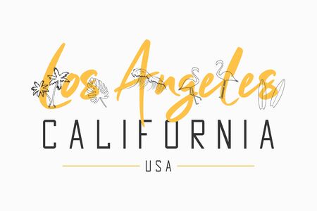 Los Angeles, California t shirt design with slogan and hand drawn illustration of tropical elements. Typography for tee shirt with flamingo, waves, palm trees, tropical leaves and surfboard.のイラスト素材