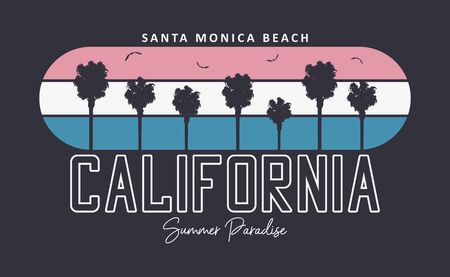 California, Santa Monica beach typography graphics for t-shirt design with palm trees and gulls bird. Print for apparel. Vector illustration.のイラスト素材