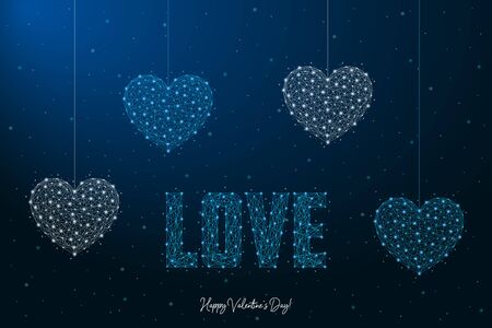 Happy Valentines Day with LOVE word and heart. Illustration made by points and lines, polygonal wireframe mesh on night sky, dark blue background. Low poly greeting card. Vector.のイラスト素材