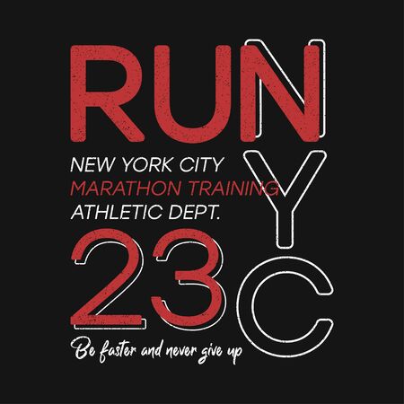 T-shirt design for run and running in New York. NYC typography graphics for marathon theme. Athletic apparel print with number. Vector illustration.のイラスト素材