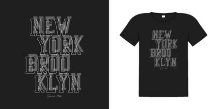 New York, Brooklyn typography graphics for t-shirt. Tee shirt print with text from lines and outline font. Apparel design. Example on t shirt. Global swatches. Vector illustration.のイラスト素材
