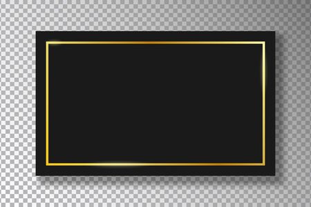 Golden frame on black plate isolated on transparent background with shadow. Gold border with glow shine on black rectangle. Vector illustration.のイラスト素材