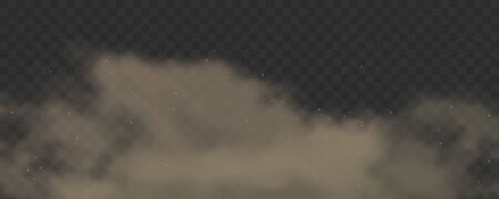 Dust rises with dirt particles. Dirty smoke texture or cloud of factory smog on transparent background. 3d realistic cloud of dust. Air pollution concept. Vector.のイラスト素材