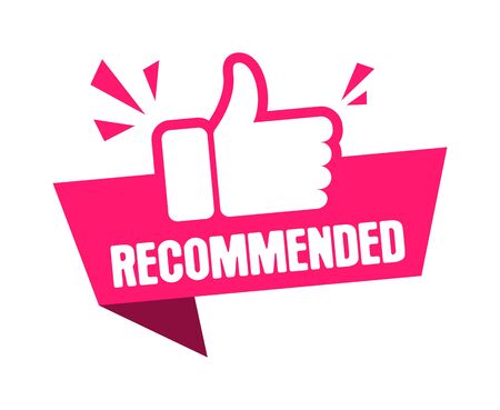 Recommended banner. Paper tag for recommend with thumbs up. Advertising badges design with like. Vector illustration.のイラスト素材